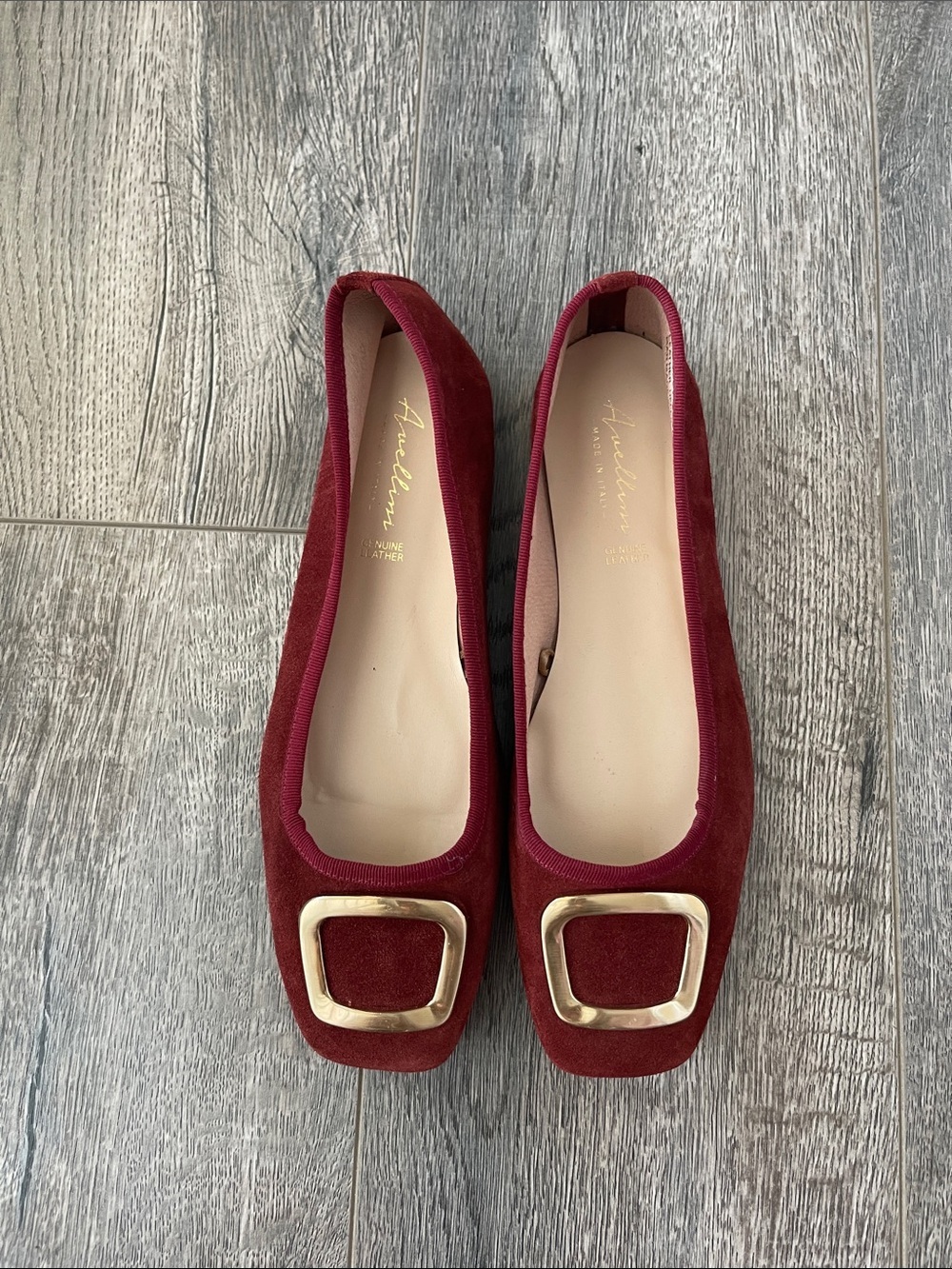 Red Suede Square-Toe Flats with Gold Buckle Accent - Picture 2 of 9